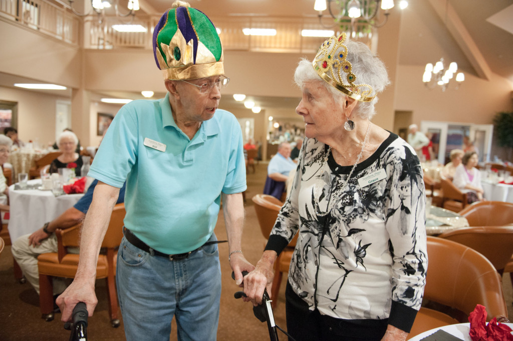 Resident Prom Kind Bill Valgas speaks with Resident Prom Queen Grace McDonald after they were announced during the Senior Prom event at the Southern Pines Gracious Retirement Living community  on Thursday, May 28, 2015 in Southern Pines, North Carolina.