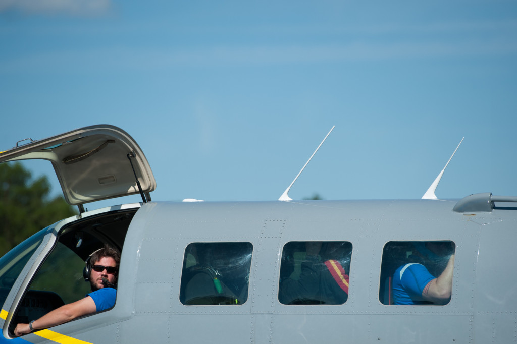 The plane pilot watches people board at the Raeford Drop Zone on Thursday, October 8, 2015 in Raeford, North Carolina.