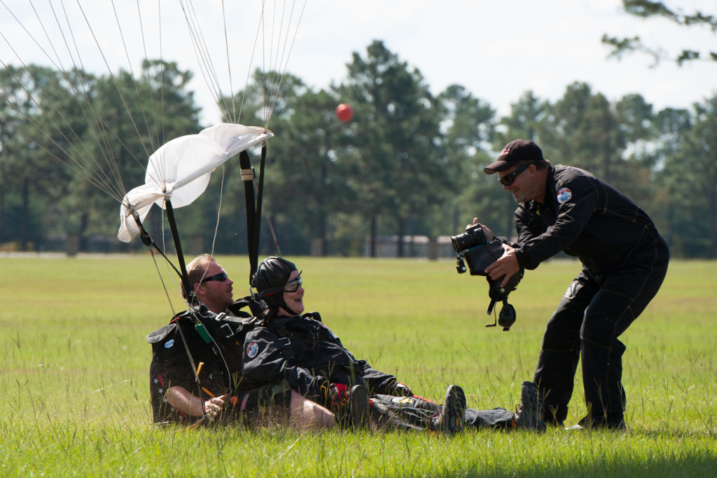 Beth Patterson Casilio and Robbie Rushton land at the Raeford Drop Zone on Thursday, October 8, 2015 in Raeford, North Carolina.