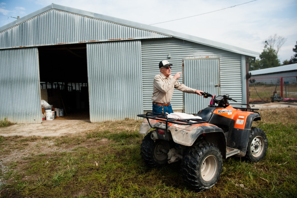 Jackie Bean parks his ATV at the entrance to one of his barns at D and J Goat Farms on Friday, October 16, 2015 near Robbins, North Carolina. Jackie Bean and his son Derek Bean have been raising livestock for years, specializing in goats for almost a decade. The farms produce commercial stock, breeding stock and show stock Boer goats.