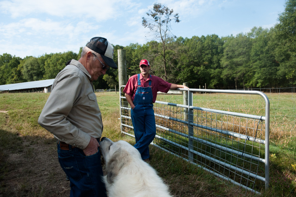 Jackie Bean (left) and Derek Bean (background) share about the history of the farms, at D and J Goat Farms on Friday, October 16, 2015 near Robbins, North Carolina. Jackie Bean and his son Derek Bean have been raising livestock for years, specializing in goats for almost a decade. The farms produce commercial stock, breeding stock and show stock Boer goats.