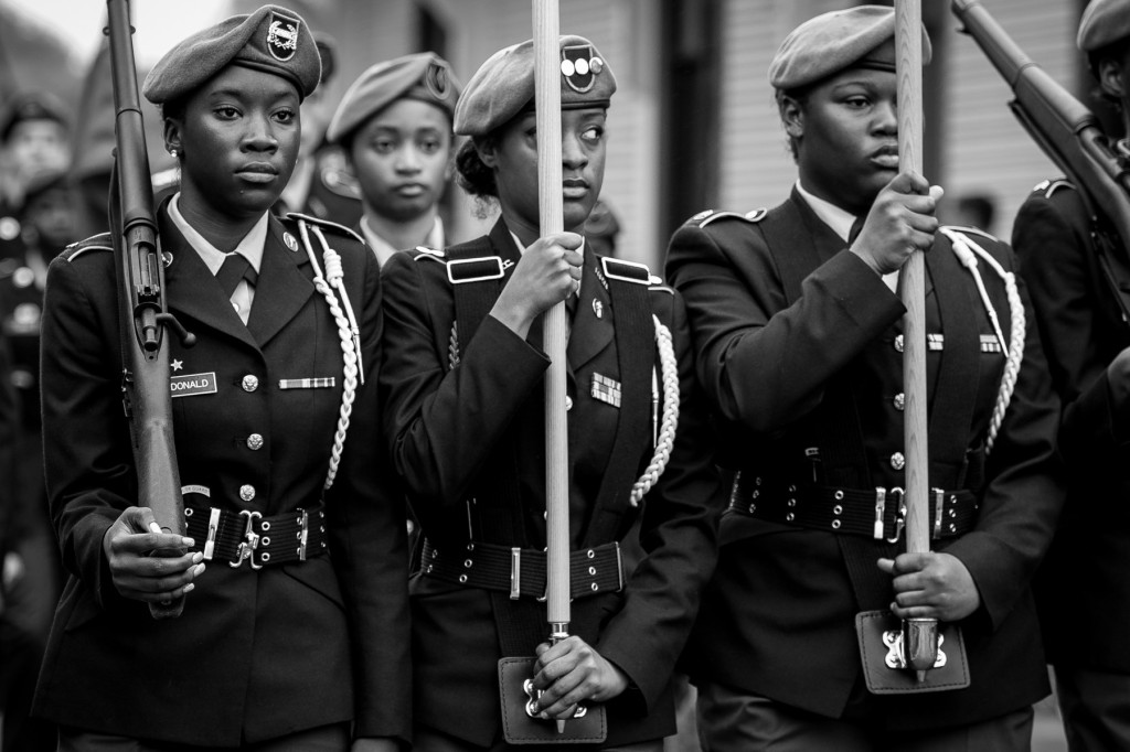 U.S. Army JROTC members from Richmond Senior High School march  with the Colors in the 2015 Veteran's Day Parade through downtown Southern Pines, North Carolina on Saturday, November 7, 2015.