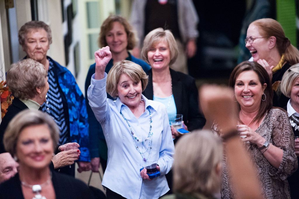 Incumbent Pinehurst Mayor Nancy Roy Fiorillo celebrates her win in the mayoral election for Pinehurst at the Theatre in downtown Pinehurst after spending the election day campaigning across the area, on Tuesday, November 3, 2015 in Southern Pines, North Carolina.