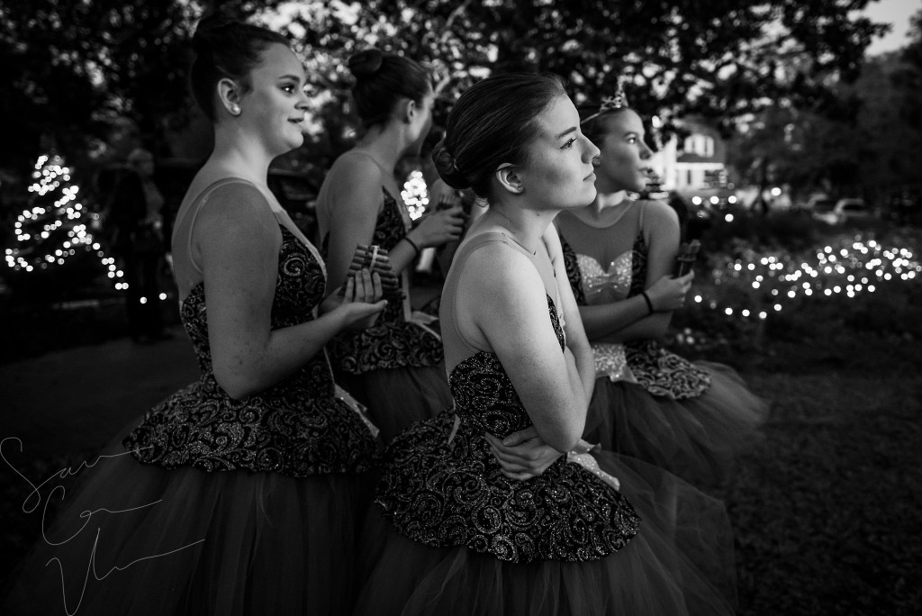 Ballerinas with Terpsichore Dance Studio shiver together as they wait to perform during the Pinehurst Christmas Tree Lighting event, which took place at the Village Lawn in downtown Pinehurst on Friday, December 4, 2015 in Pinehurst, North Carolina.