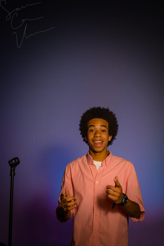 SARA CORCE/Sara Corce Visuals Caleb Elliott stands on stage, going through bits of a comedic routine, for headshots and portraits on Tuesday, April 26, 2016 in Southern Pines, North Carolina. WEBSITE CLR