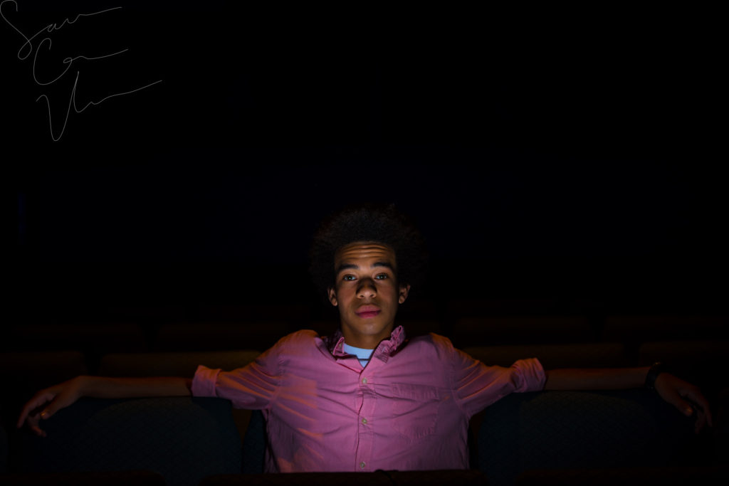 SARA CORCE/Sara Corce Visuals Caleb Elliott stands on stage, going through bits of a comedic routine, for headshots and portraits on Tuesday, April 26, 2016 in Southern Pines, North Carolina. WEBSITE CLR